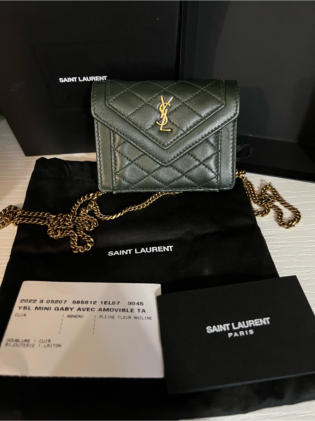 Saint Laurent Mini Gaby Quilted Leather Chain Wallet - Dark Green